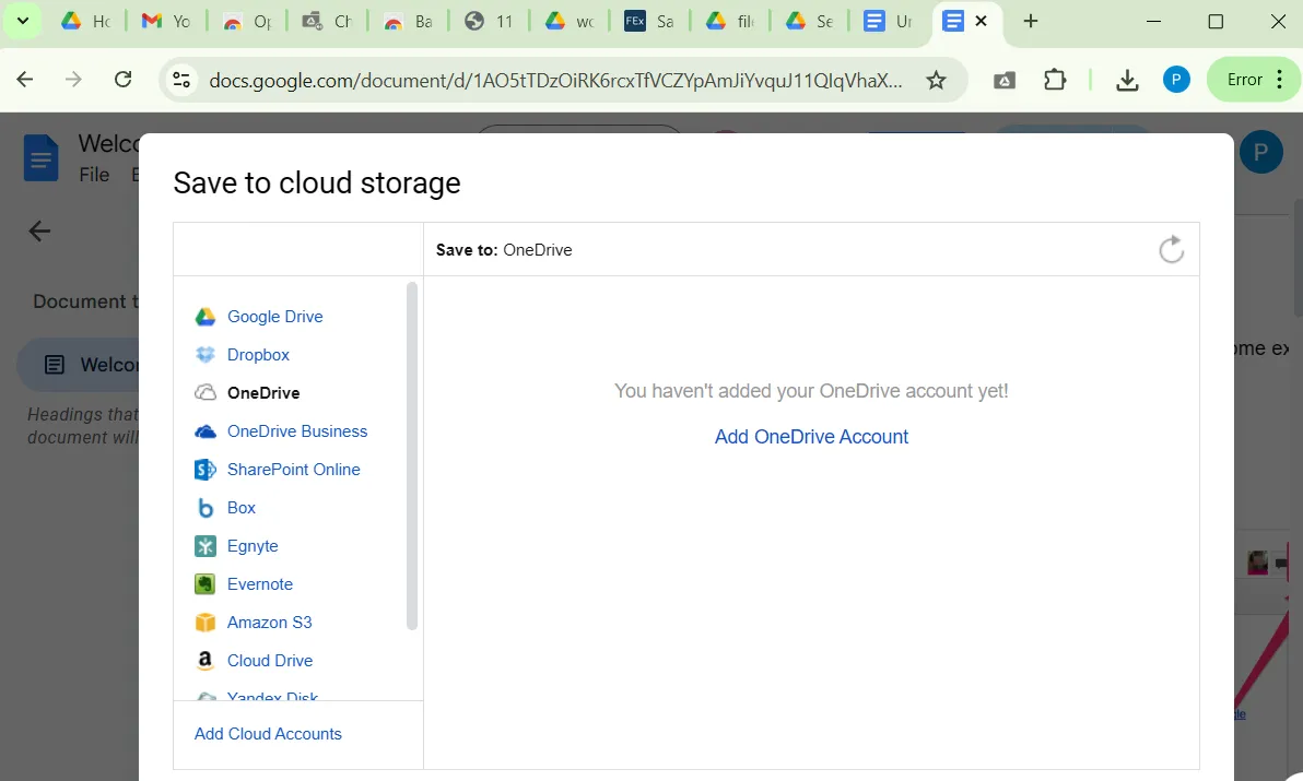 Finestra Salva nell'archiviazione cloud nel browser Chrome