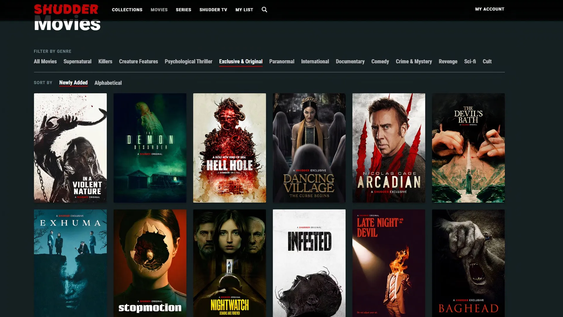 Lista de todo o conteúdo original no Shudder.