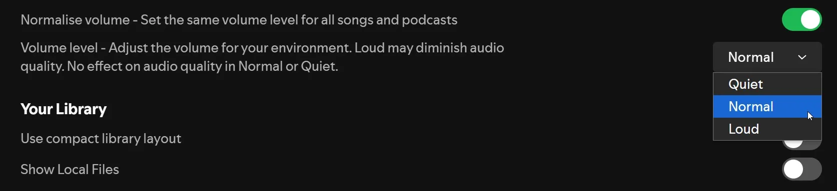 Spotify 音量校準和調平選項。