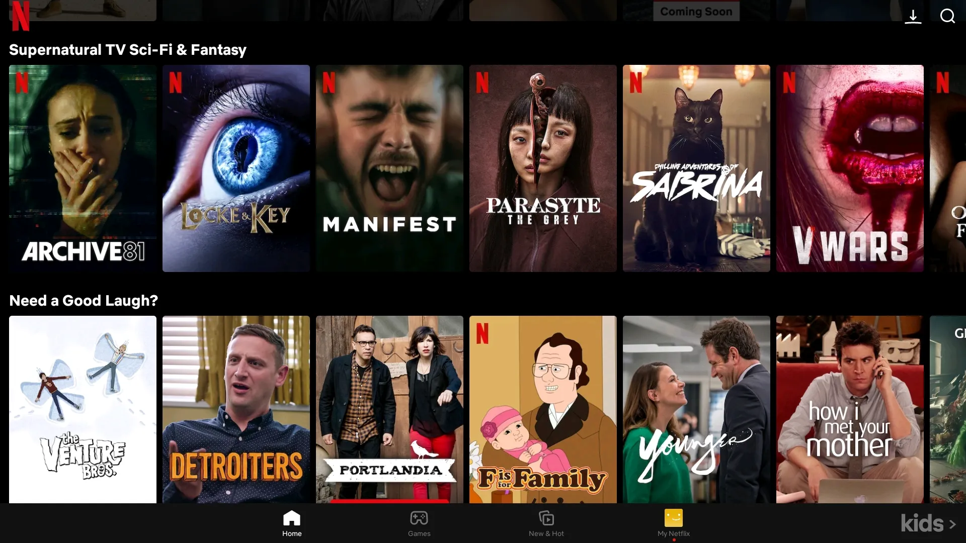 Duas linhas de conteúdo sugerido no aplicativo Netflix