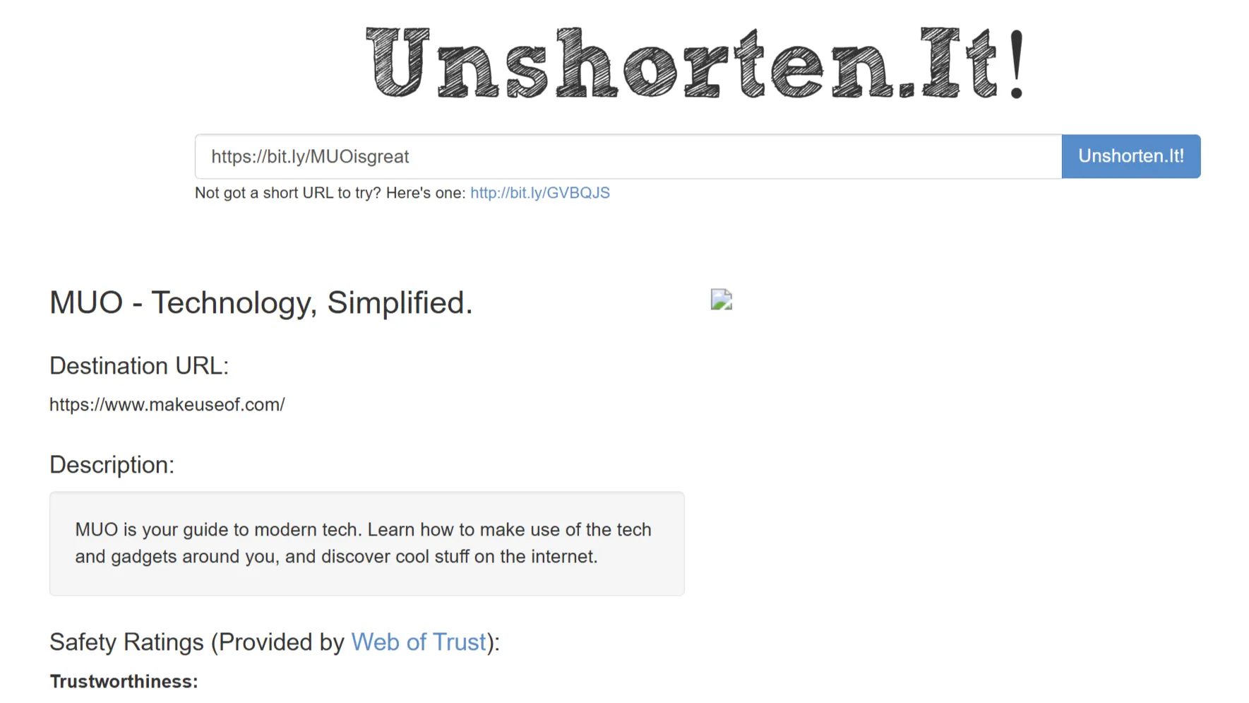 Unshorten.it 顯示短連結的目標網址。