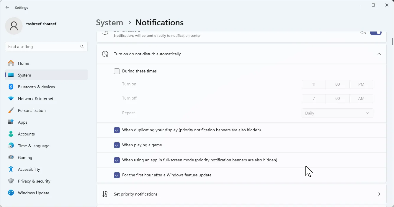 إعدادات إشعارات Windows 11