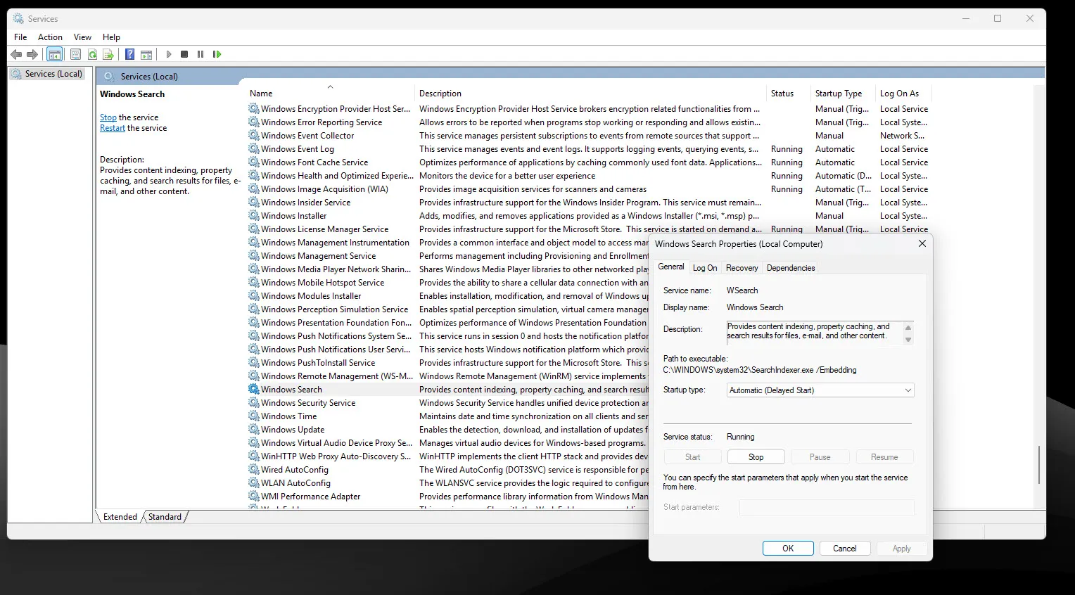 プロパティを開いた状態の Windows サービス マネージャー