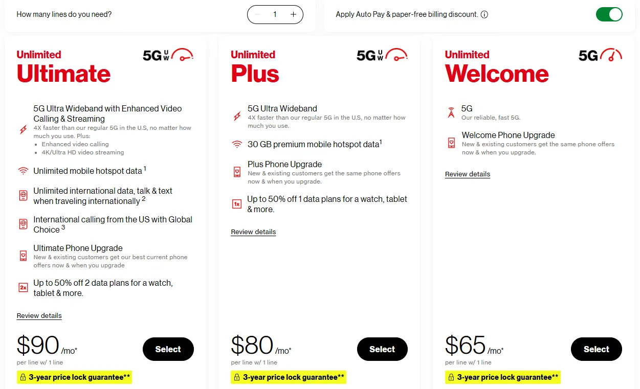 Verizon Wireless 定價頁面