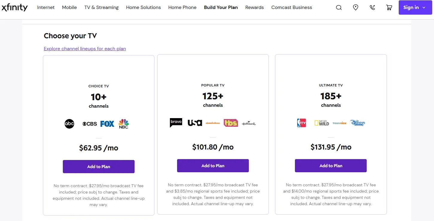 Xfinity 電視定價頁面