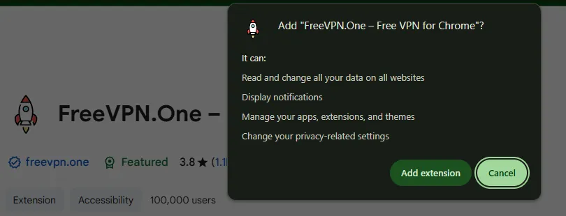 Estensioni VPN One gratuite pop-up