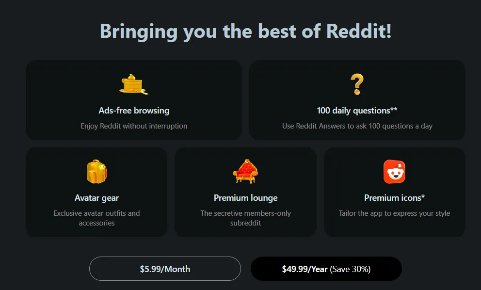 Reddit Premium 定價頁面