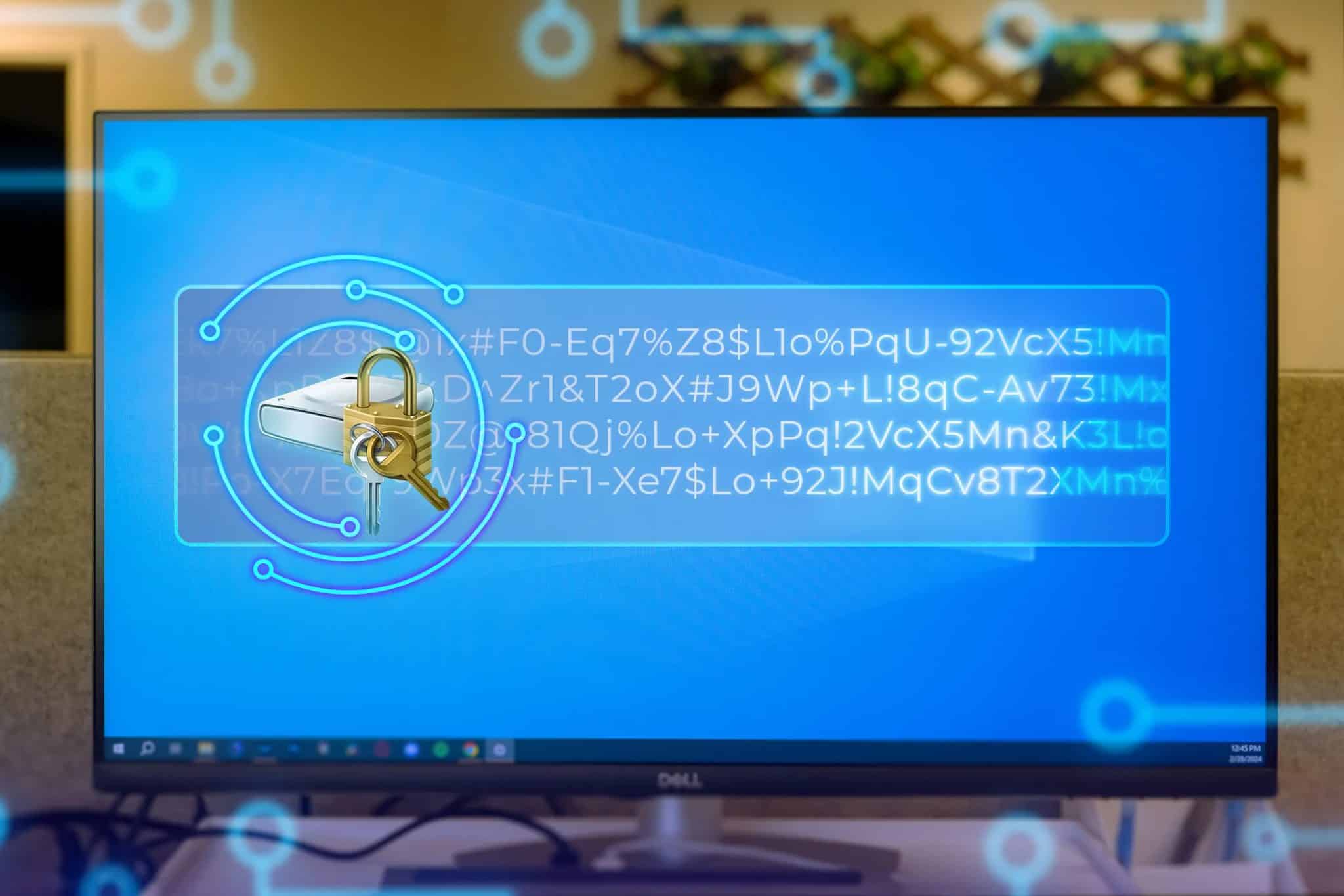Uno schermo di PC con Windows 11 e l'icona di BitLocker al centro con alcuni codici.-1