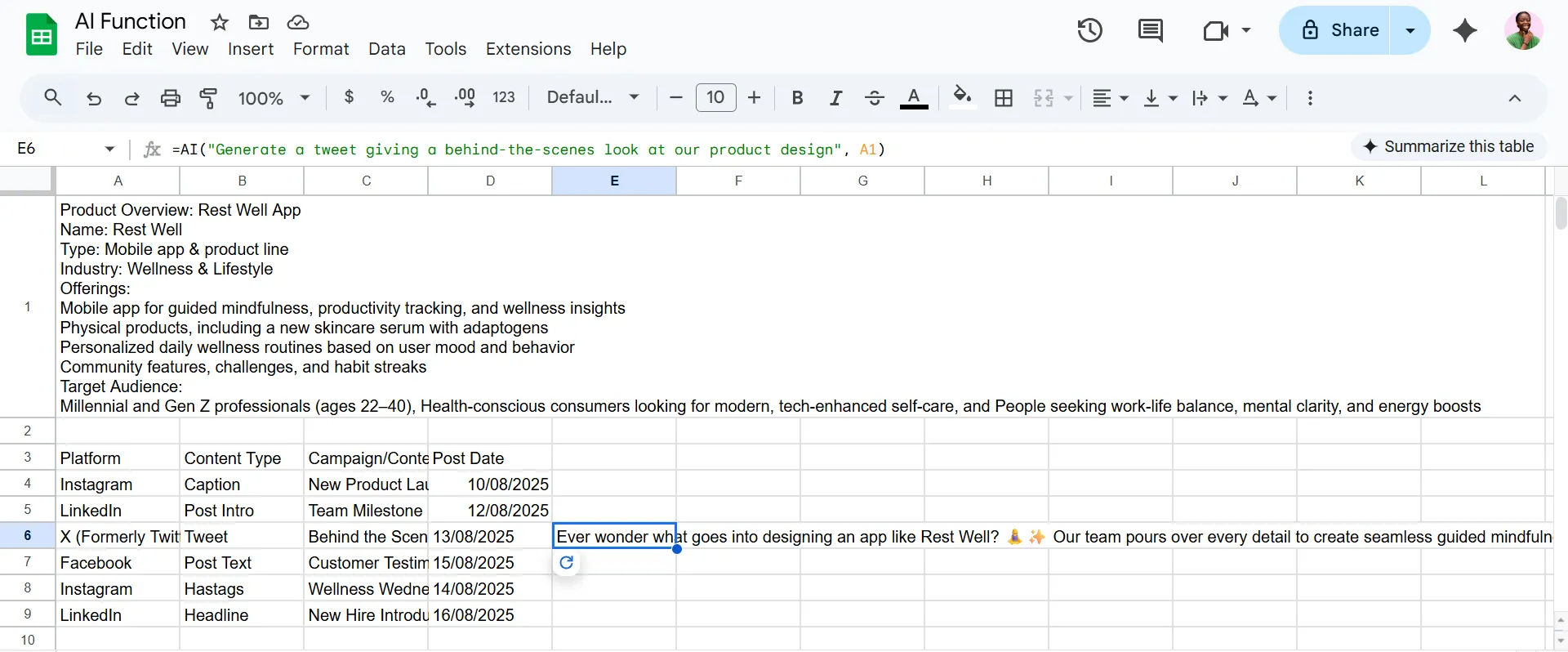 使用 Google Sheets 中的 AI 功能產生推文的螢幕截圖