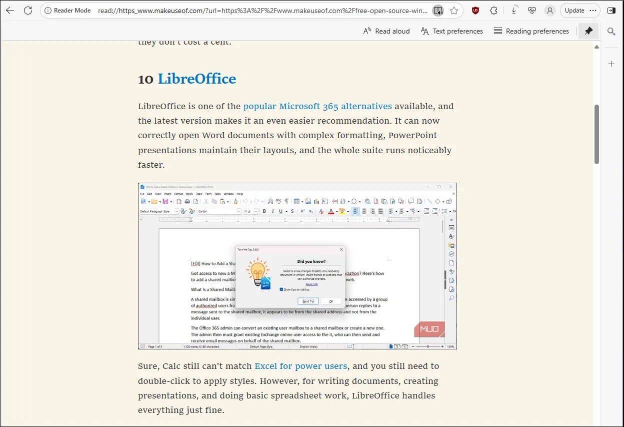 Μια ιστοσελίδα ανοιχτή σε λειτουργία Immersive Reader στο Microsoft Edge