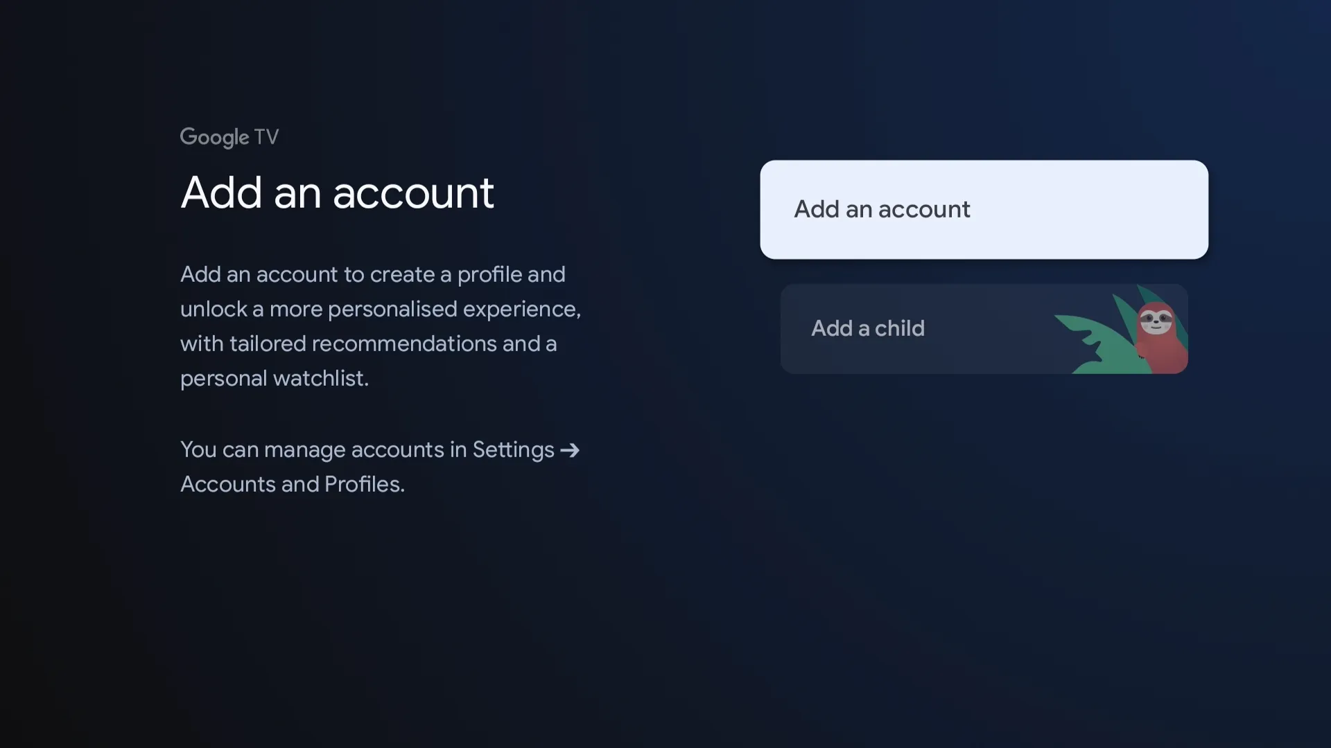 Opzione per aggiungere un account su Google TV