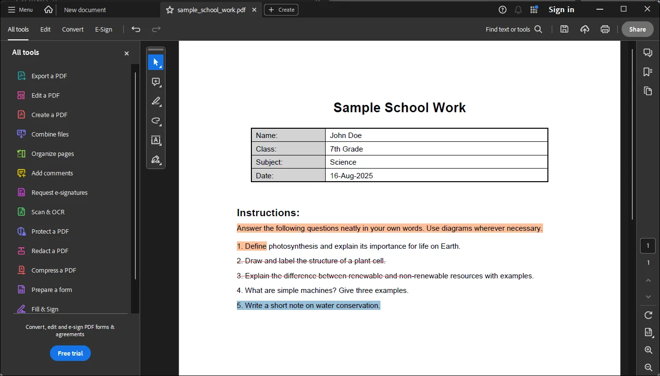 Finestra di modifica PDF in Adobe Acrobat Reader
