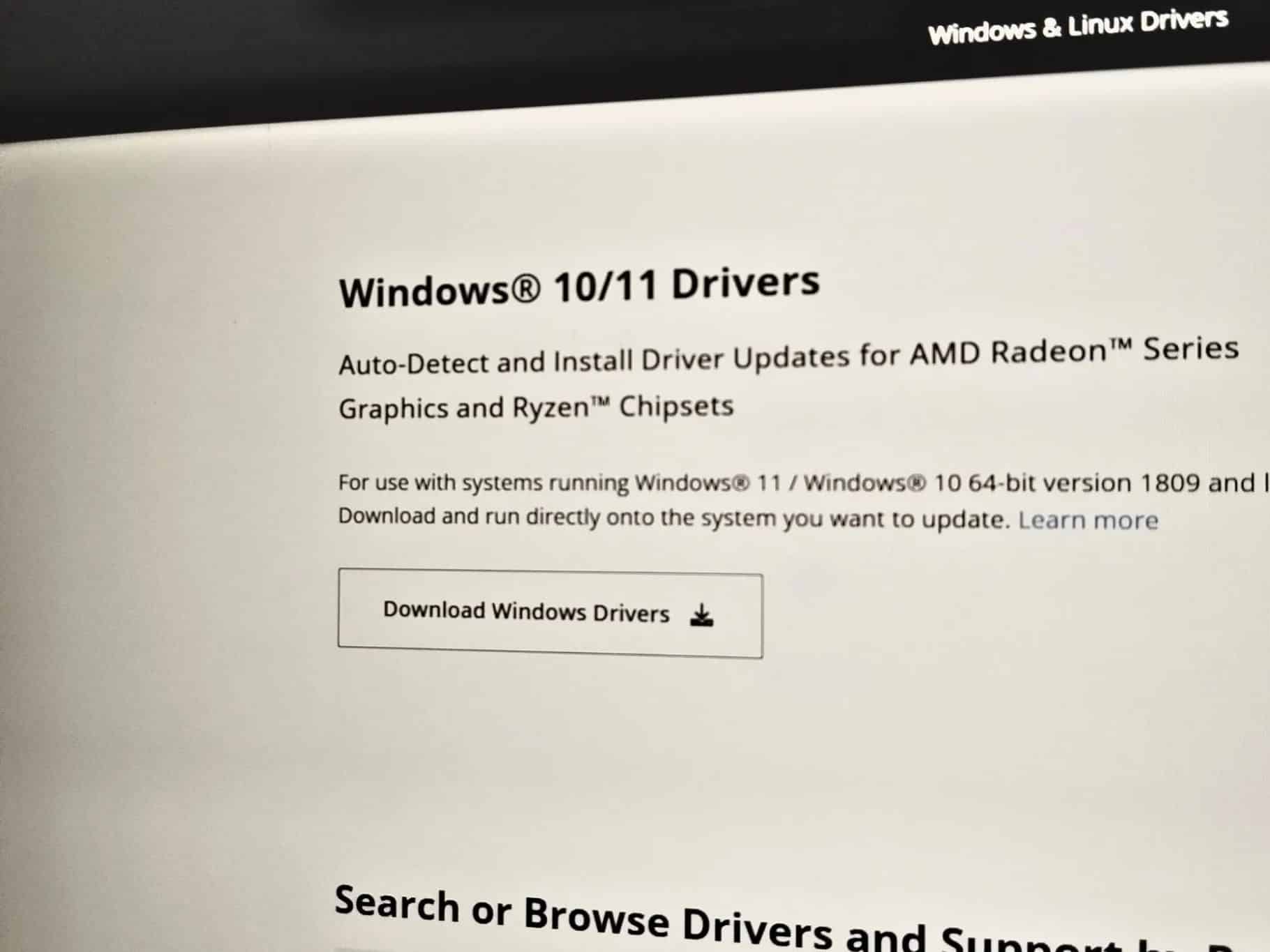 Pagina web dei driver per processori e schede grafiche AMD per Windows