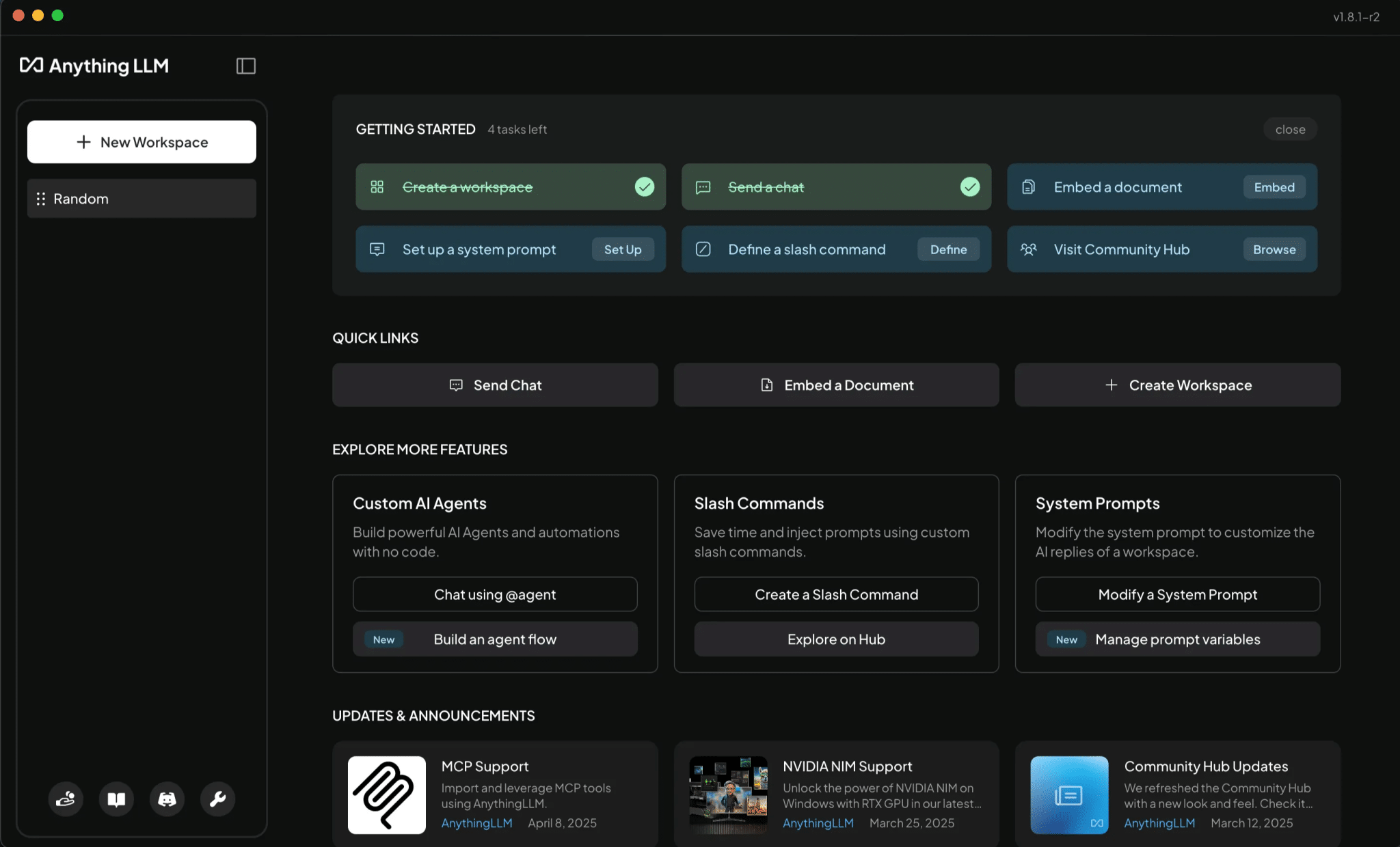 Écran d'accueil de l'application AnythingLLM sur macOS