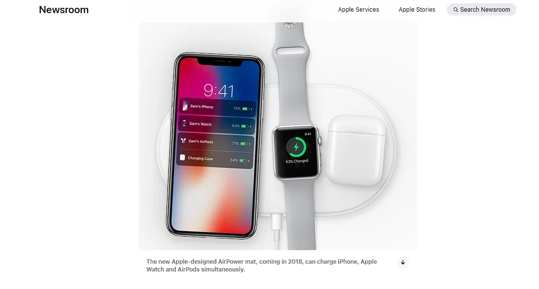 Comunicato stampa di Apple del 2017 che mostra il tappetino Apple AirPower