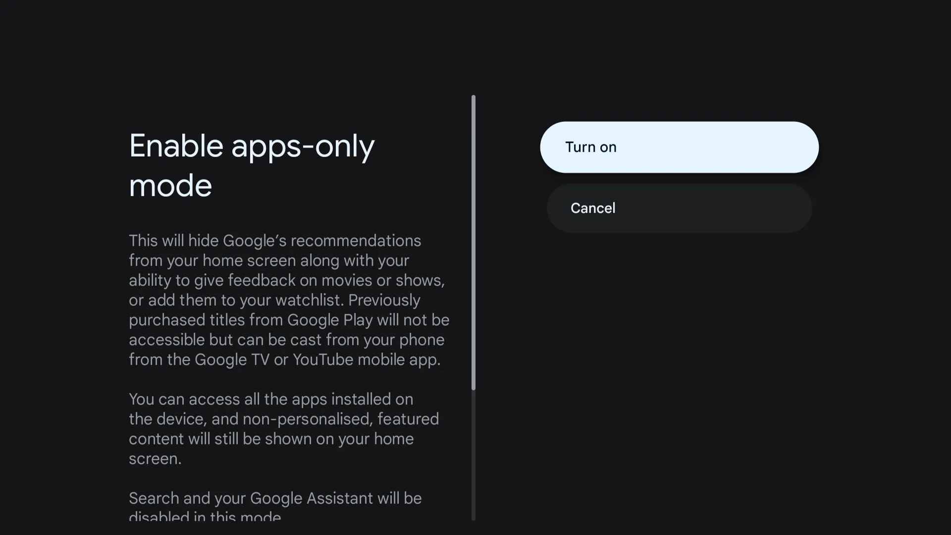 Menu della modalità solo app su Google TV