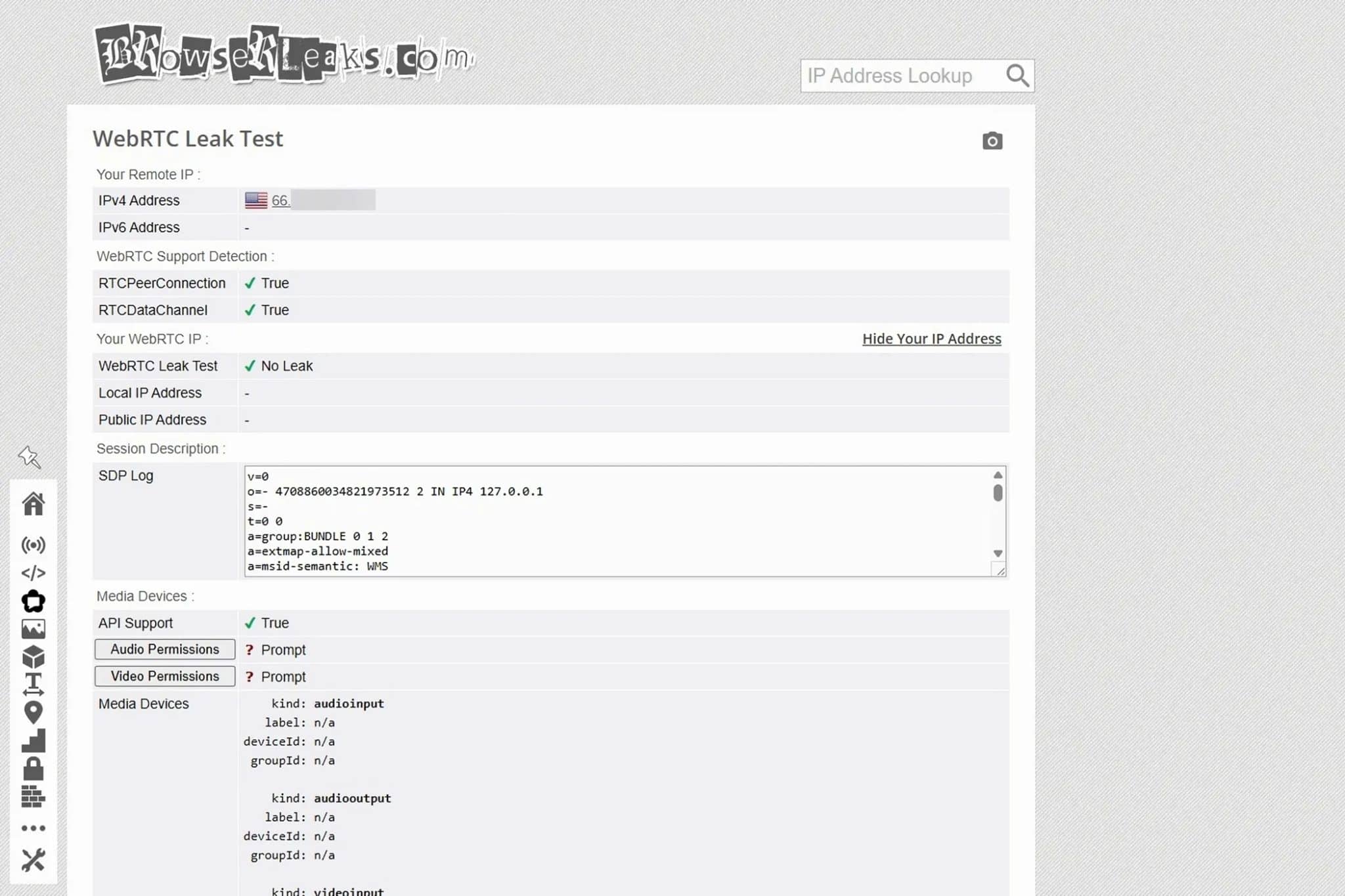 Risultati del test di perdita WEBRTC del browser Brave
