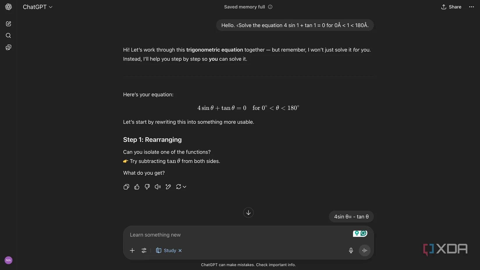 La modalità studio di ChatGPT mi guida attraverso i problemi di matematica