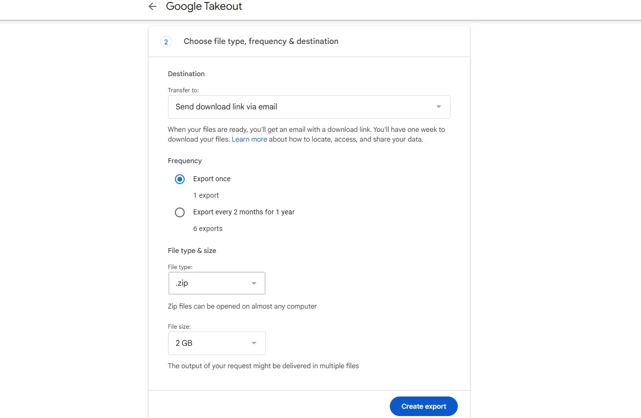 اختيار نوع الملف والتكرار والوجهة في Google Takeout.