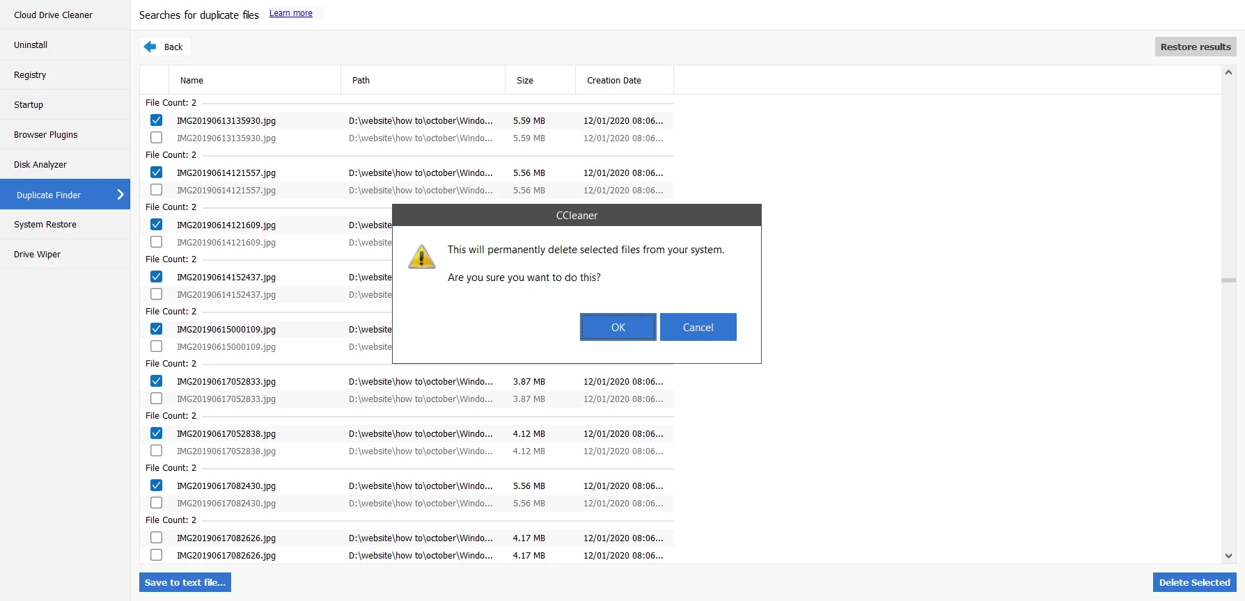 CCleaner を使用して重複ファイルを削除する確認
