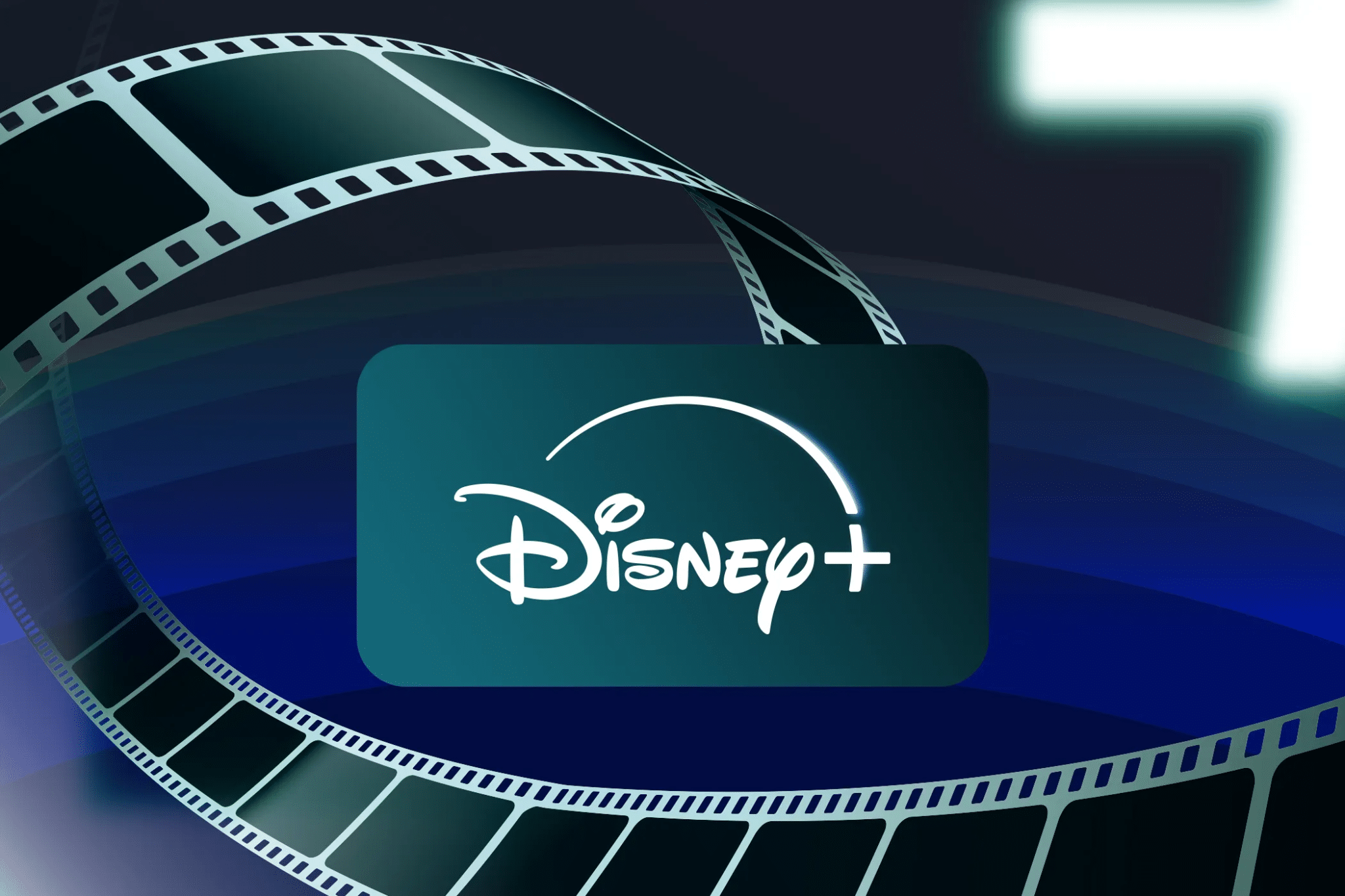 中心是一個發光的 Disney+ 標誌,周圍環繞著一條彎曲的膠片帶。