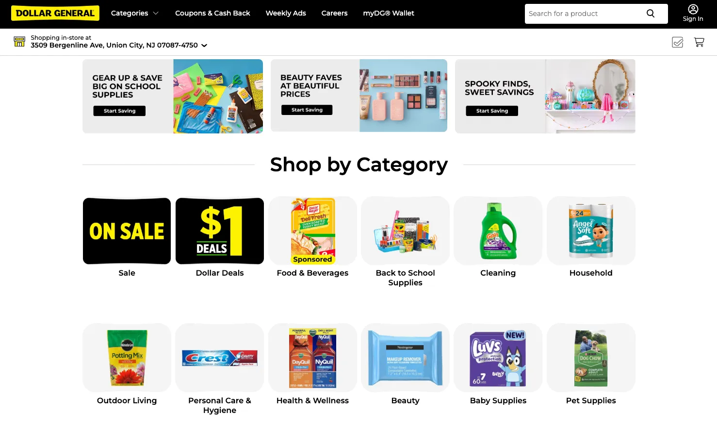 Dollar General 網站主頁展示了不同的類別，其中包括返校優惠部分