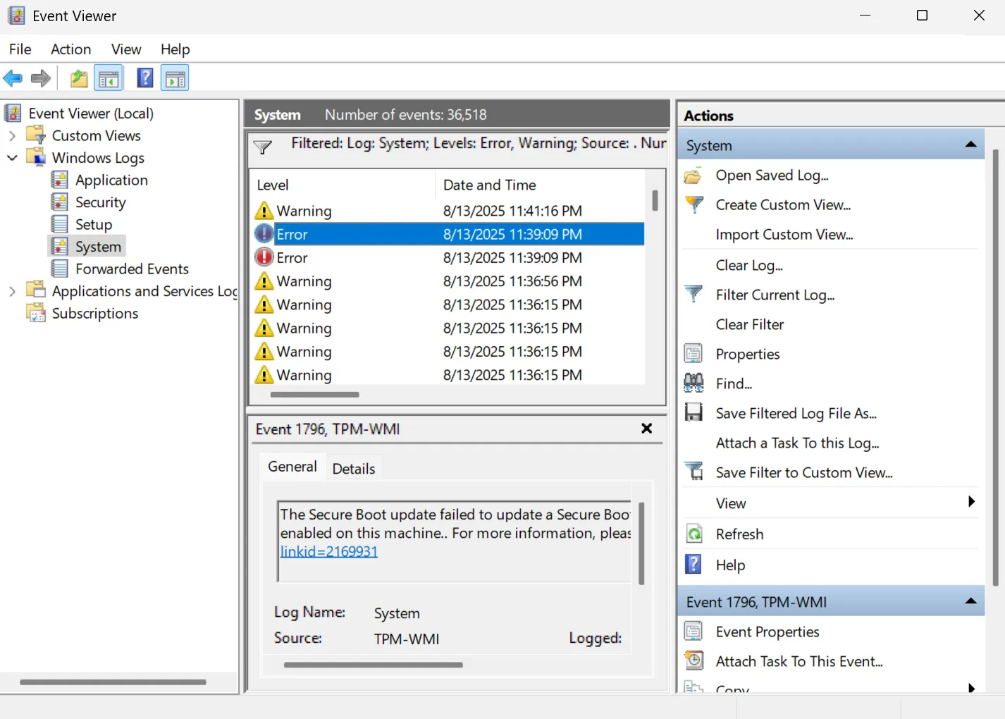 Registro degli errori evidenziato nel Visualizzatore eventi di Windows.