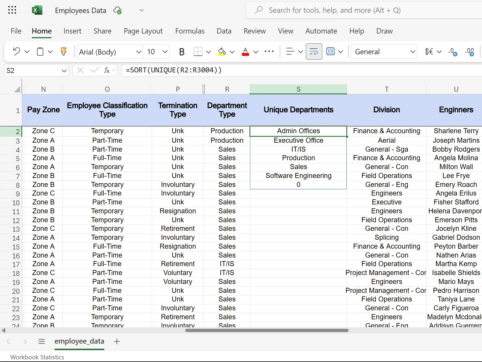 Funzione ORDINA di Excel che mostra l'elenco alfabetico di sei reparti.
