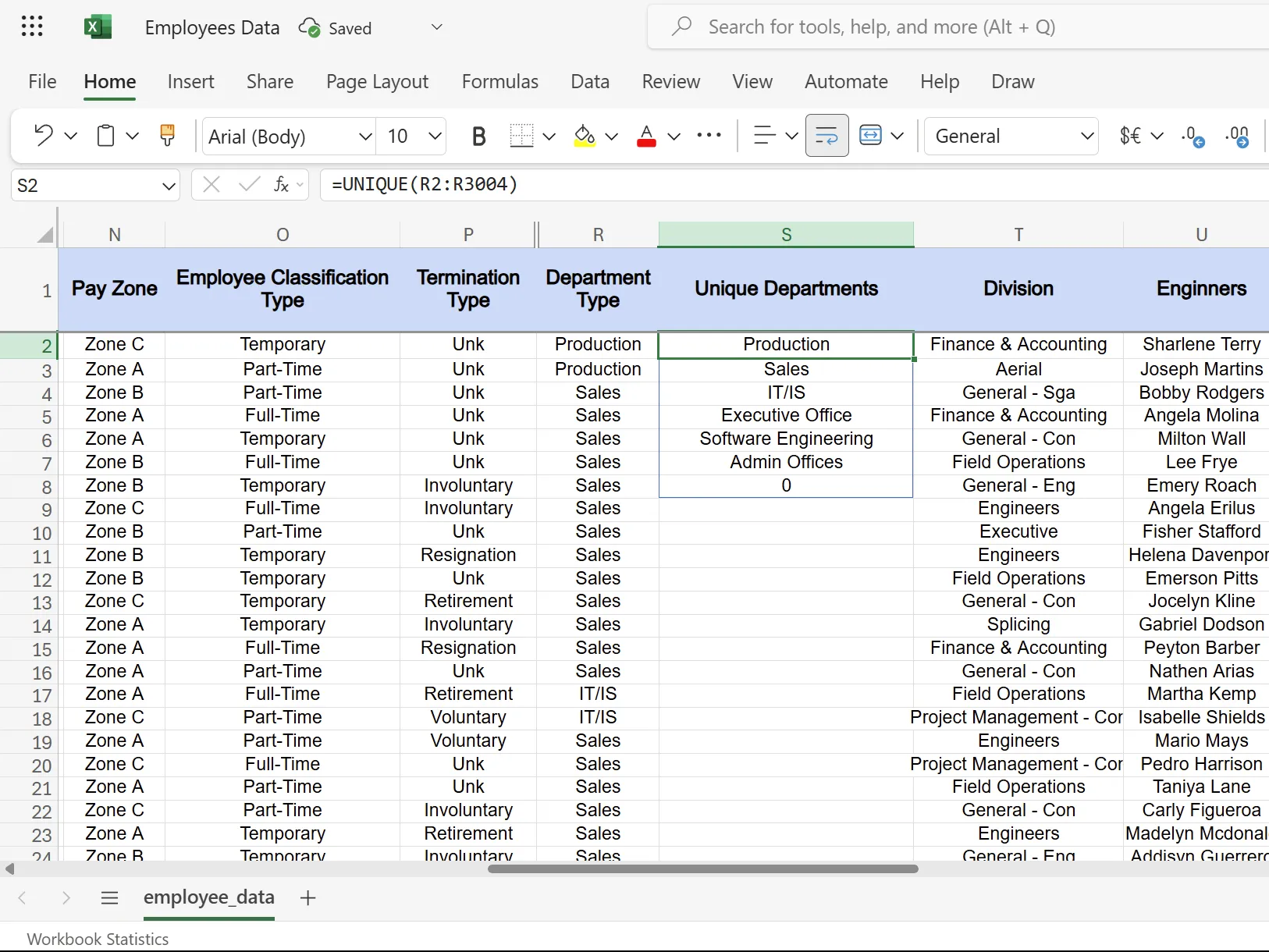 Funzione UNICA di Excel che mostra l'elenco di sei reparti.