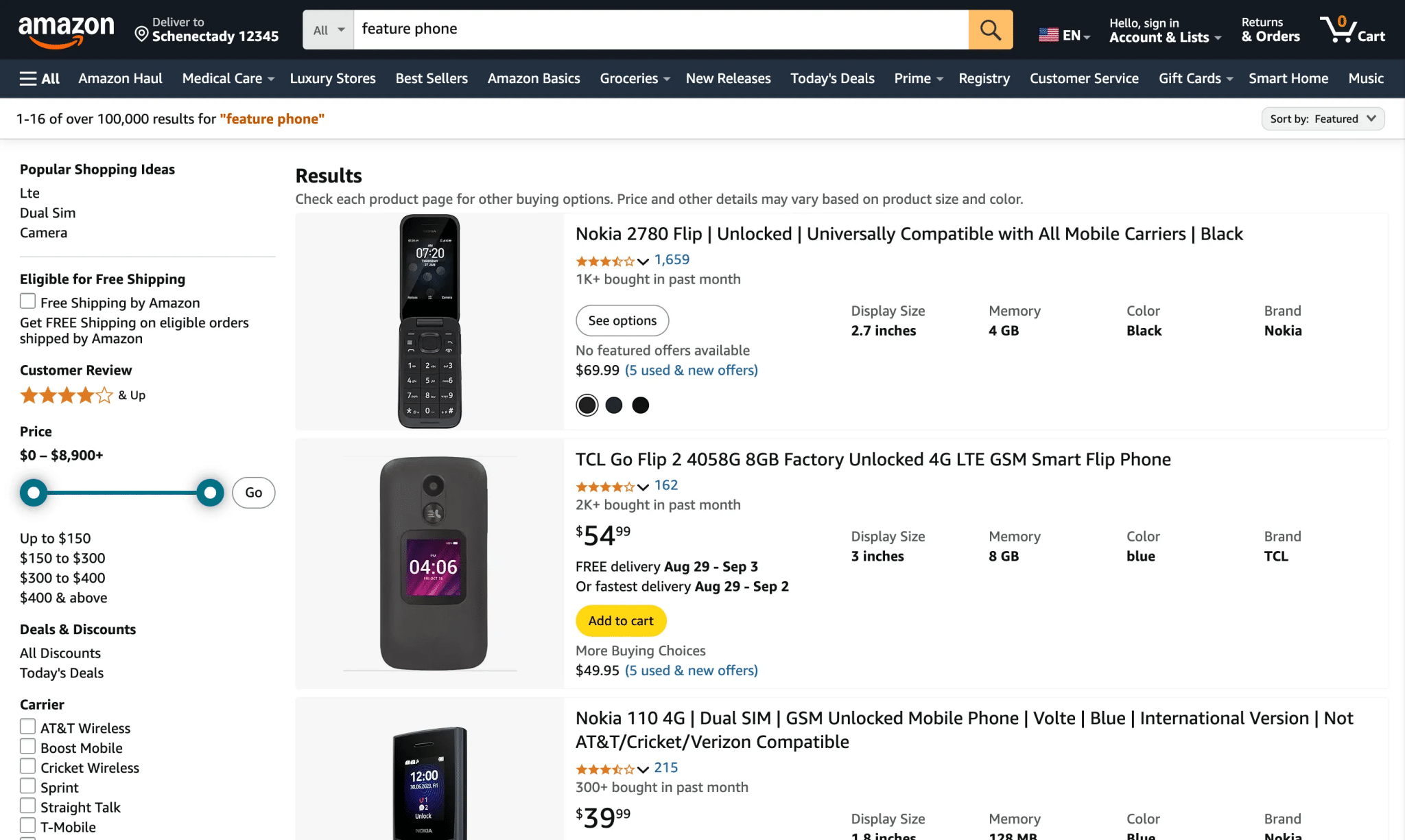 Wyniki wyszukiwania telefonów z funkcjami w serwisie Amazon.com