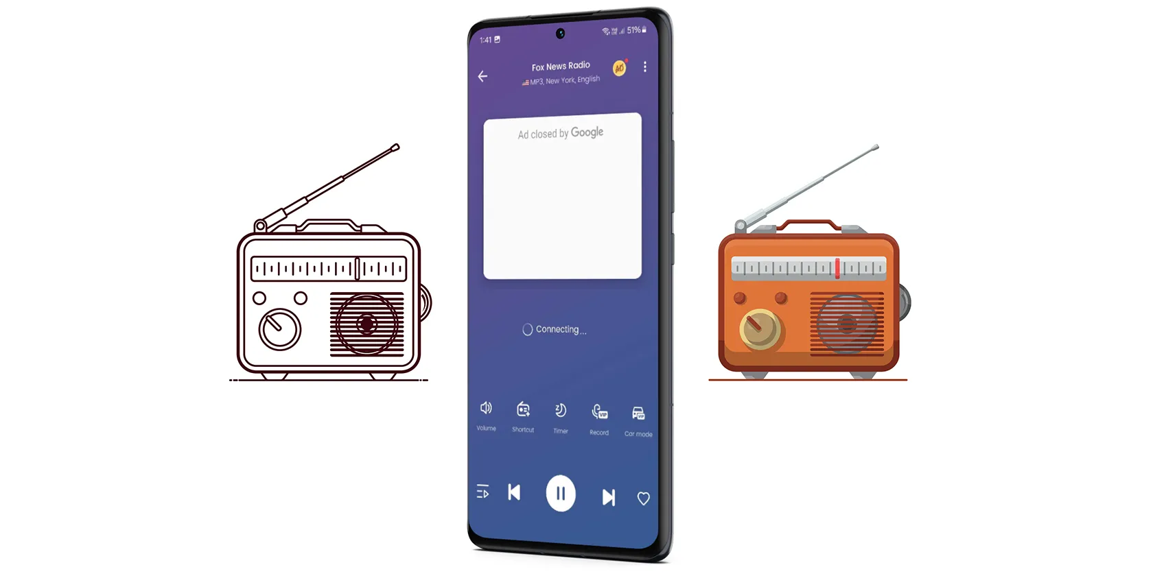 適用於 Android 手機的 FM 收音機應用,附有兩台 FM 收音機的圖示