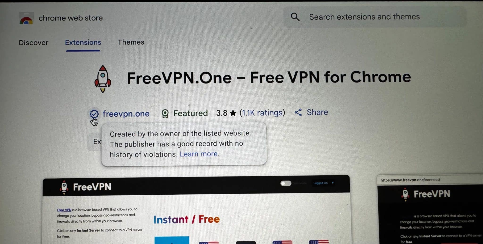FreeVPN One sul Chrome Web Store