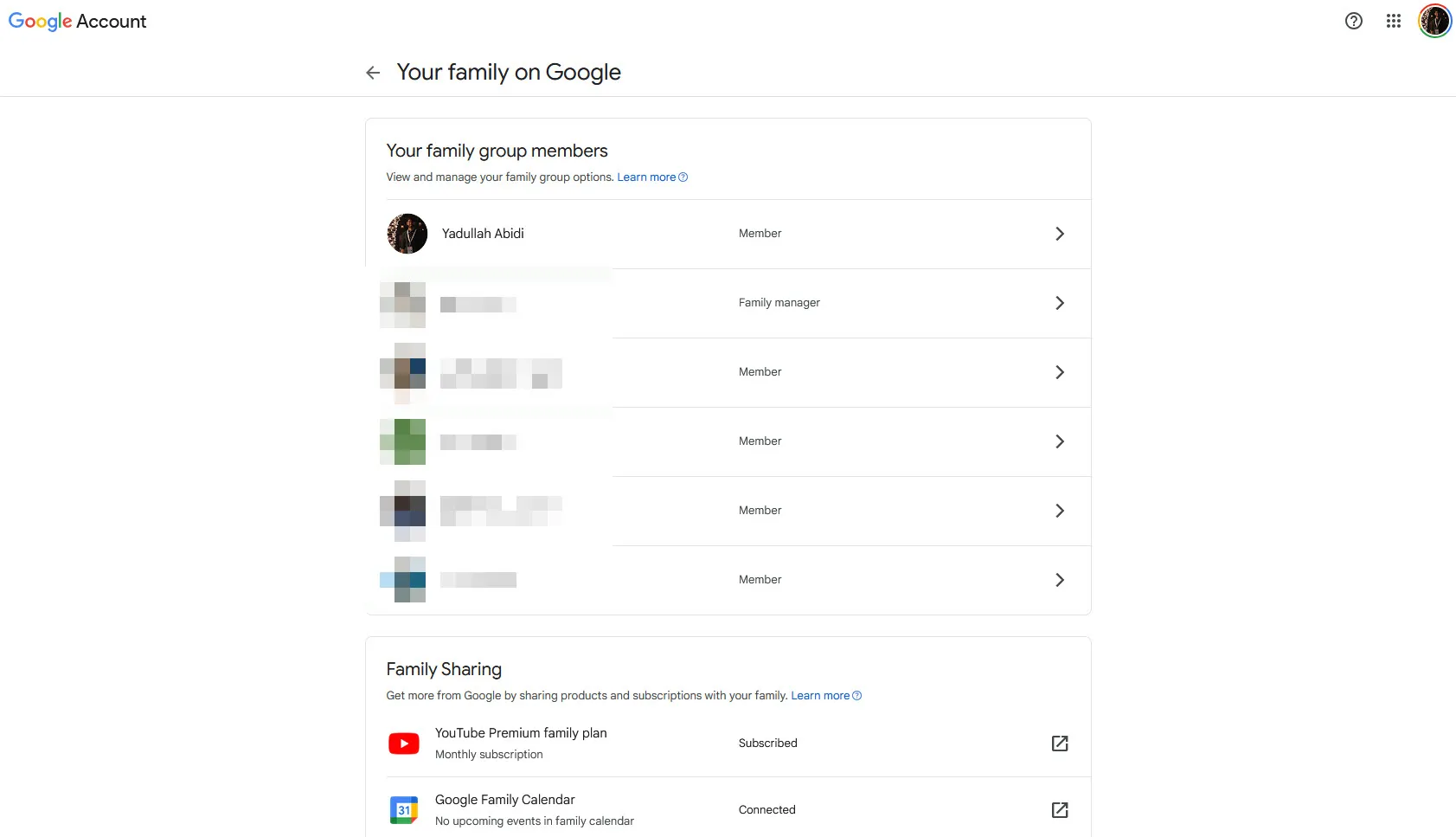 Pagina Google One Family con i membri della famiglia