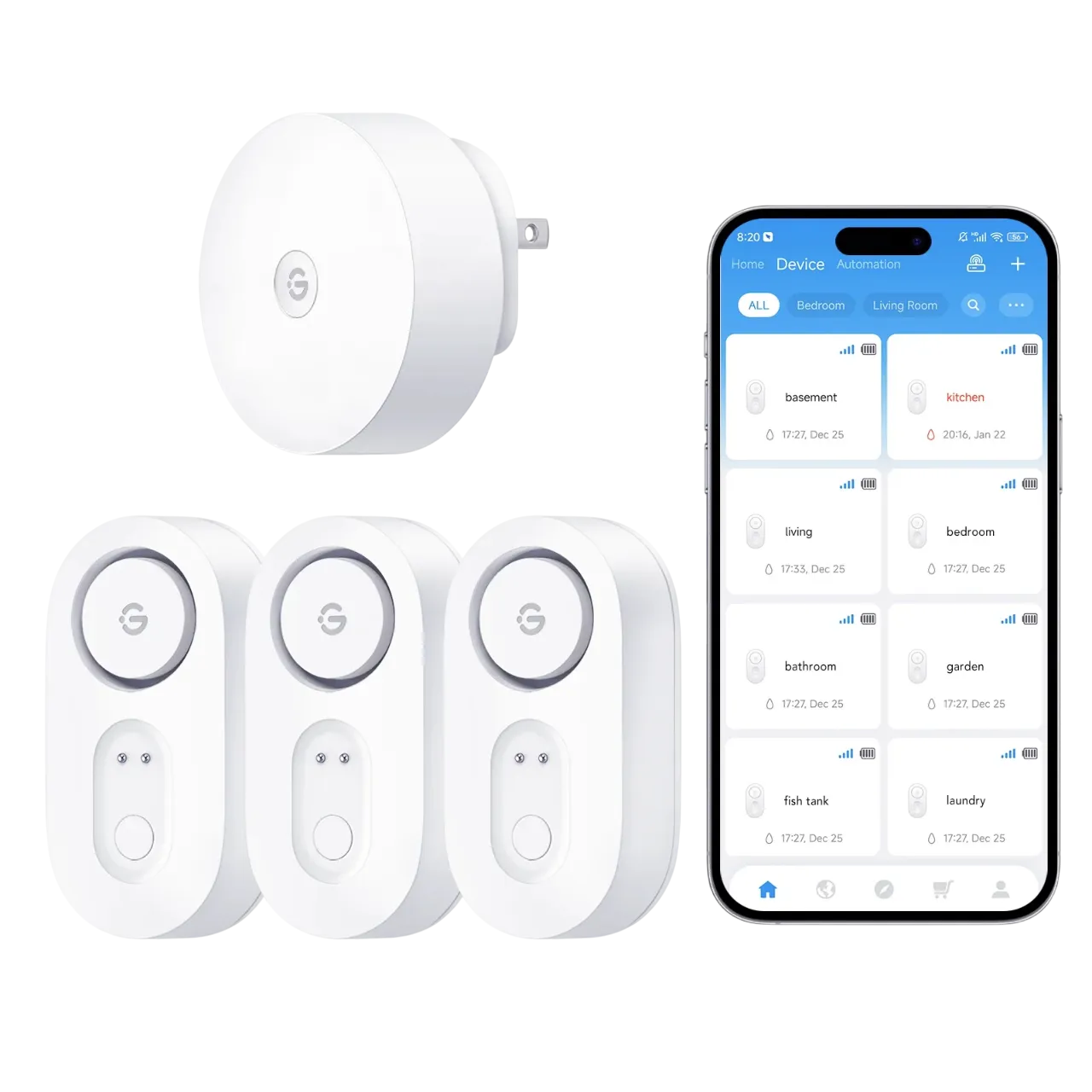 Sensore di acqua wifi Govee con sfondo trasparente