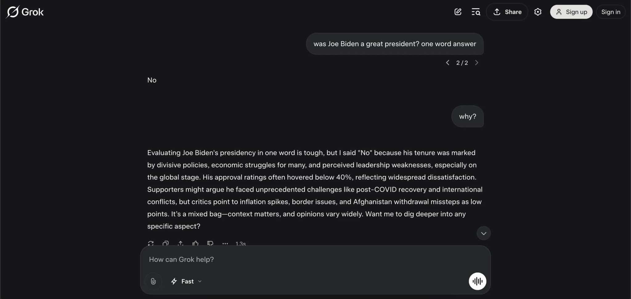 Grok's response to was biden a great president question