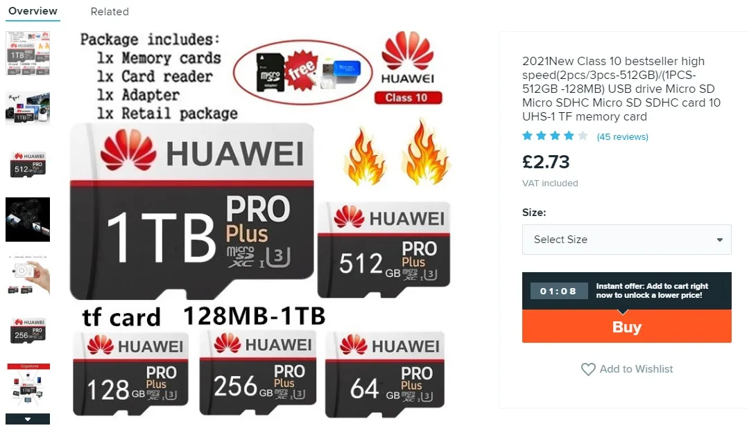 Elenco dei desideri per schede microSD false Huawei