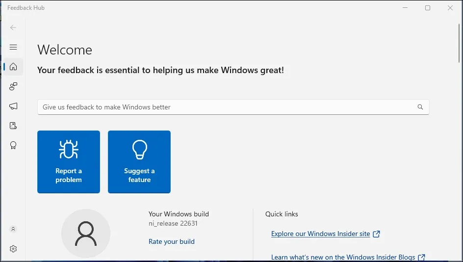 Application Feedback Hub dans la version bêta de Windows 11