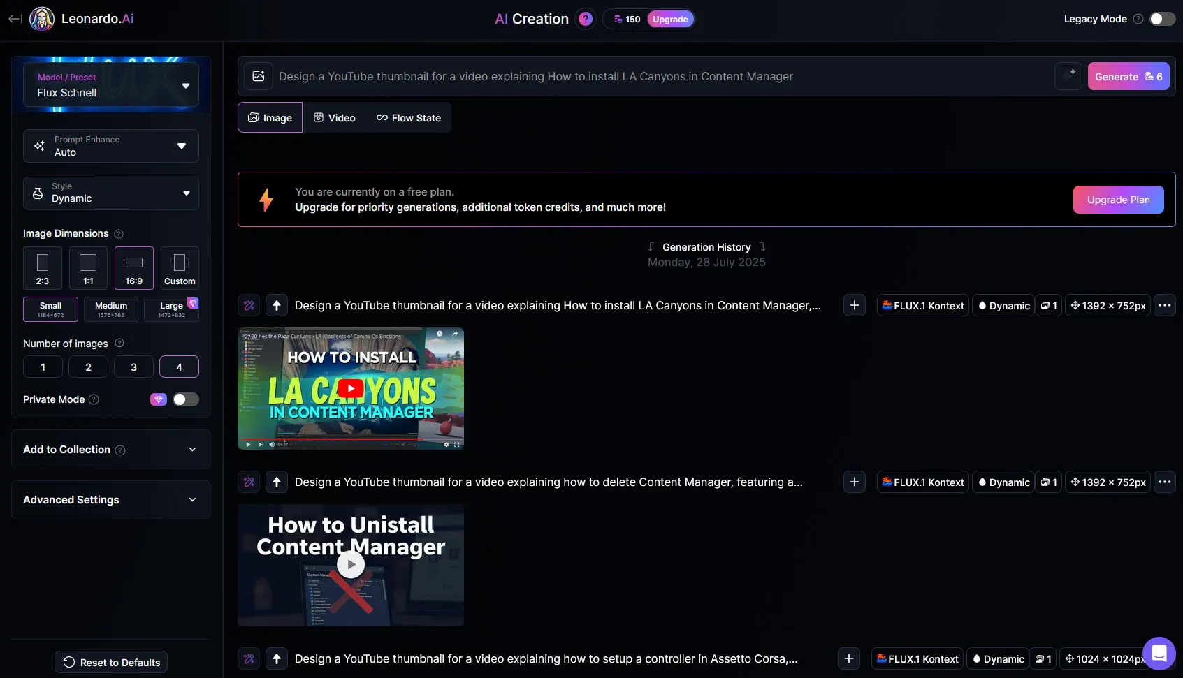 Dashboard di livello gratuito di Leonardo.AI