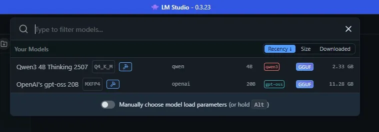 lm studio carica modello ai.