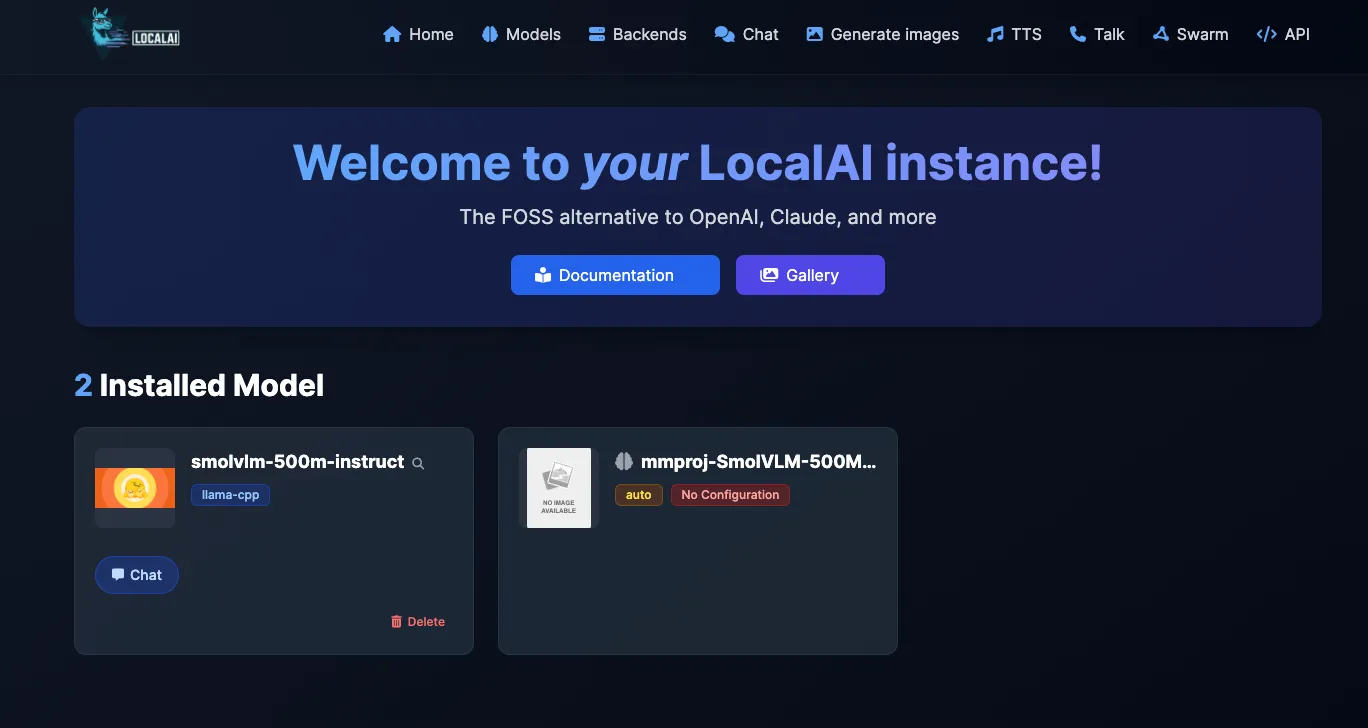 Interface Web LocalAI affichant la liste des modèles installés
