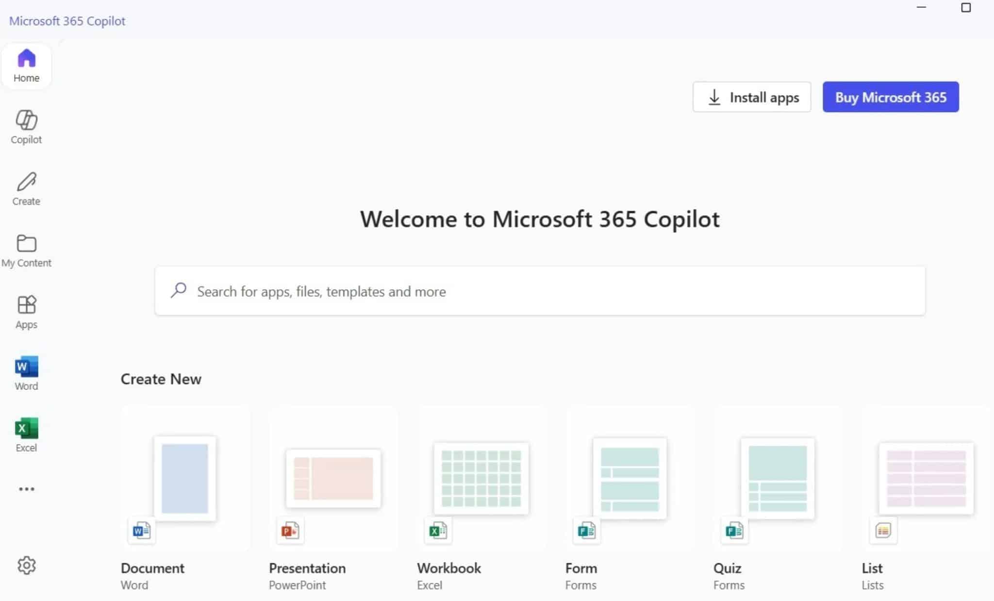 Onglet d'accueil de l'application Microsoft 365 Copilot