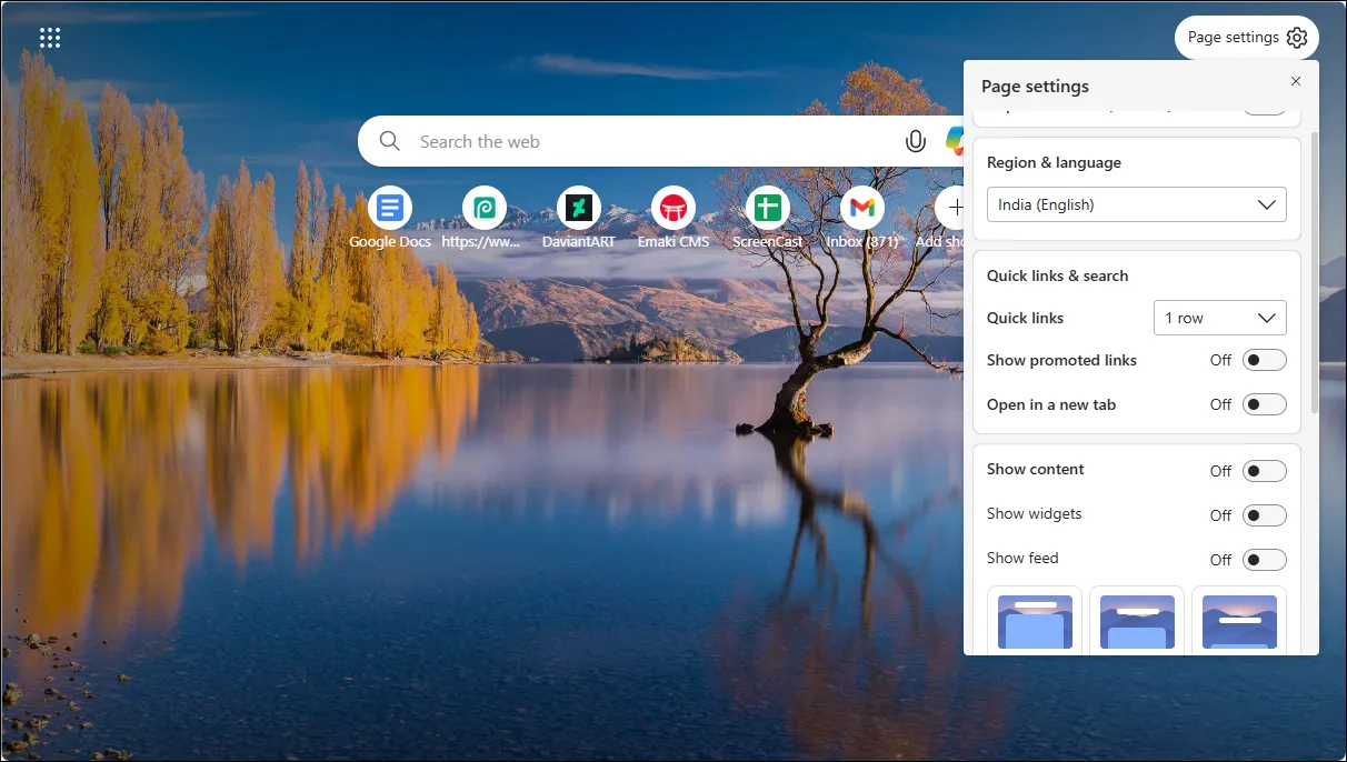 Ρυθμίσεις σελίδας Microsoft Edge