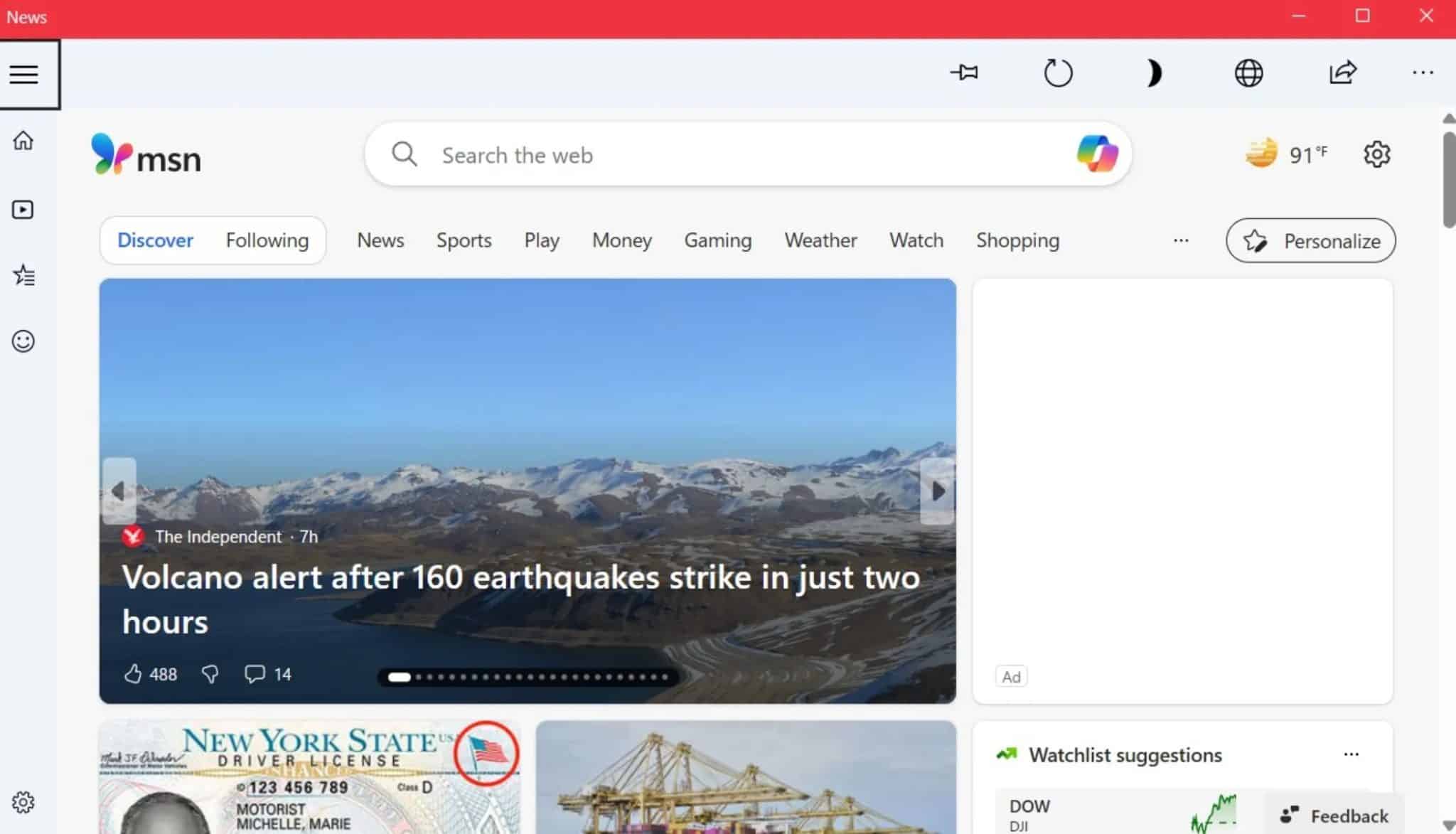 Onglet d'accueil de l'application Microsoft News