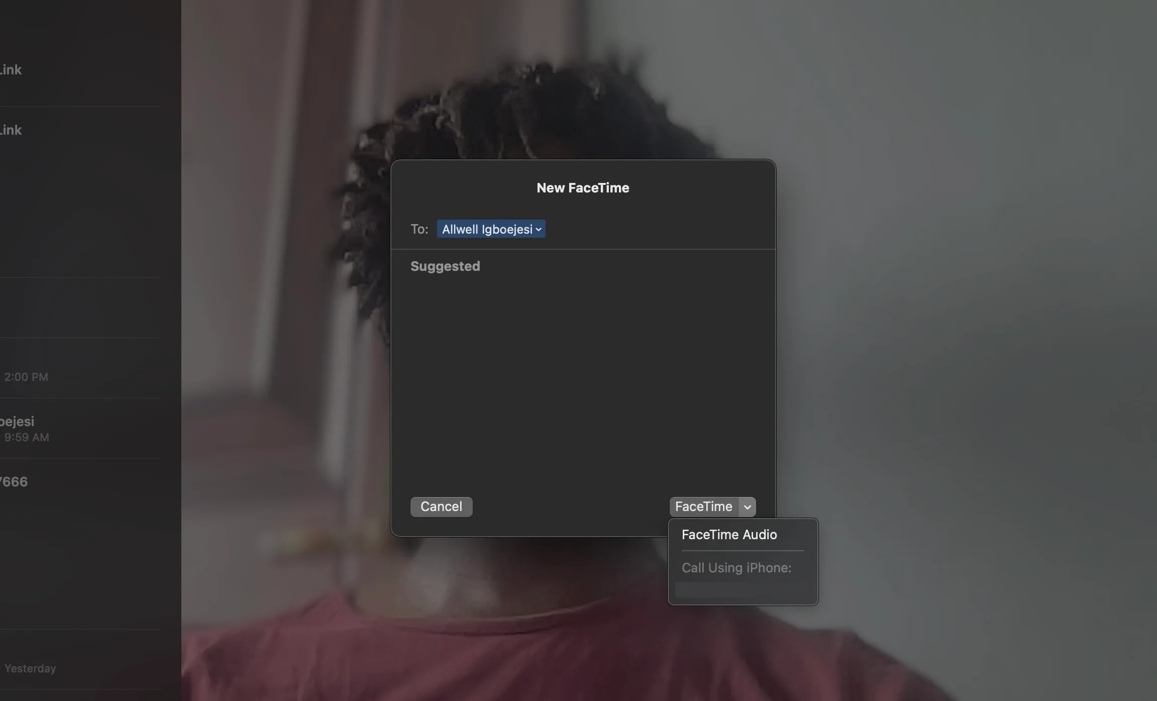 Nuova finestra di richiesta contatti FaceTime con opzione per FaceTime Audio