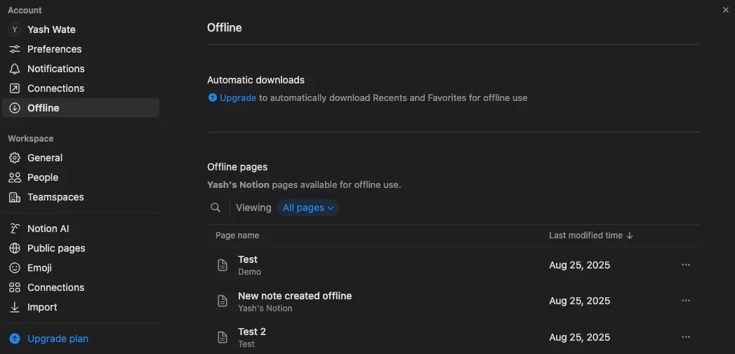 Accesso alle pagine offline in Notion nelle impostazioni dell'area di lavoro.