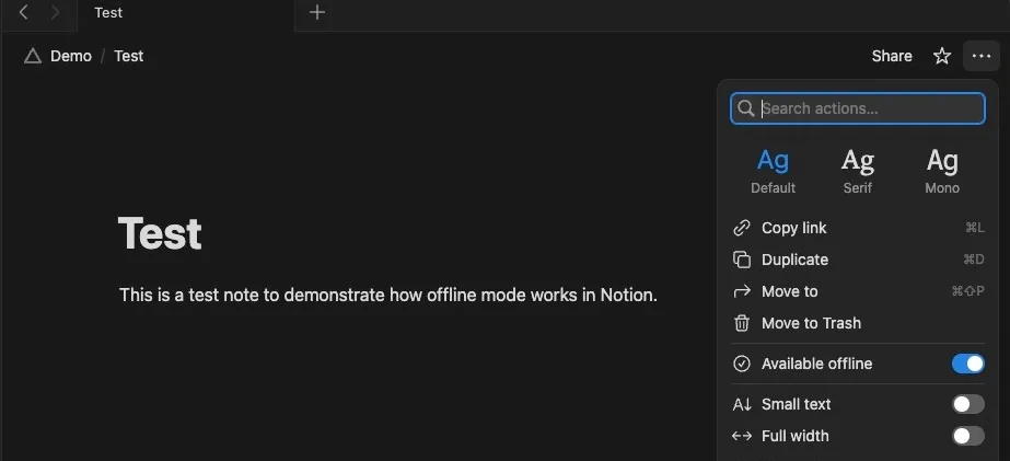 Interruttore disponibile offline attivato per una nota nell'app Notion su un Mac.