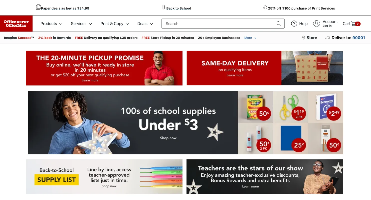 Office Depot 網站顯示學校用品折扣