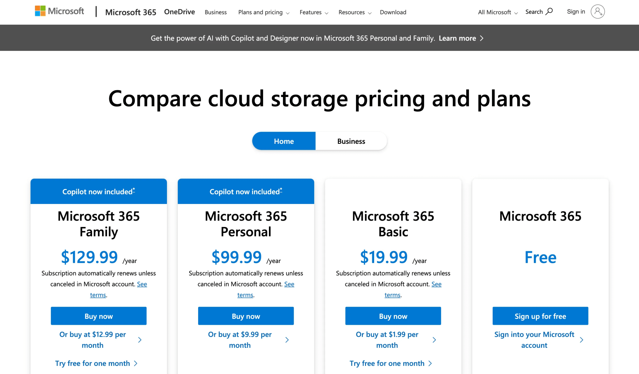 OneDrive 雲端儲存方案及其定價