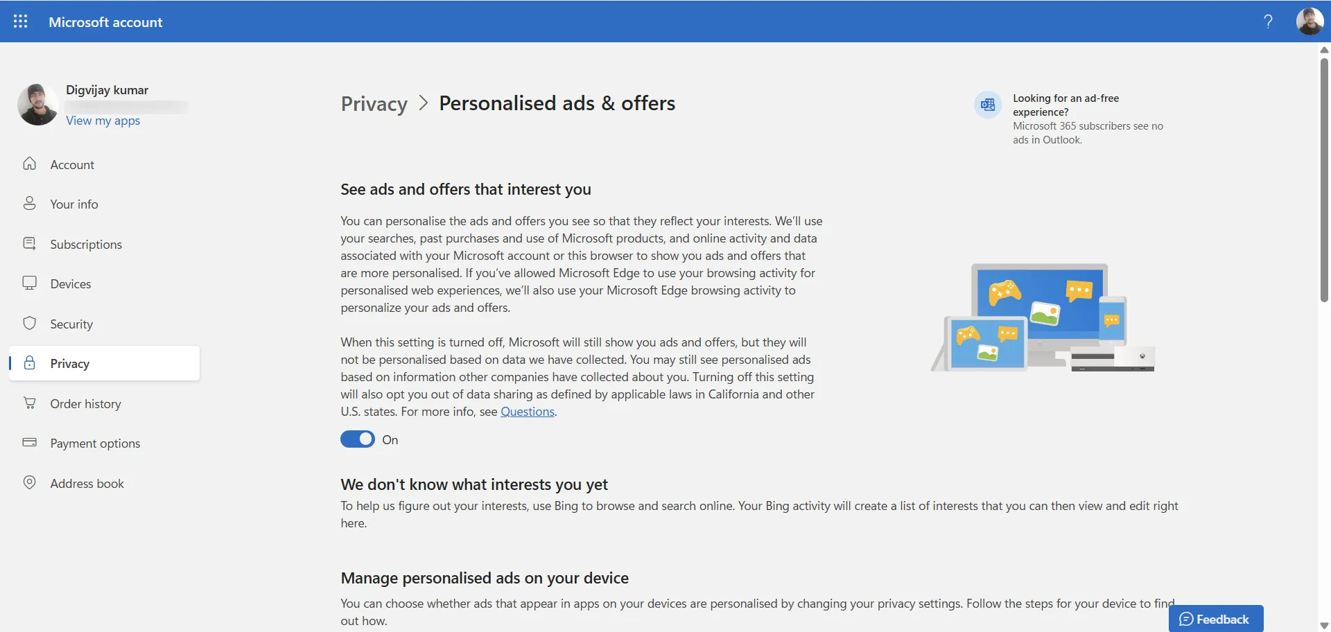 Pagina delle impostazioni pubblicitarie personalizzate nel tuo account Microsoft.