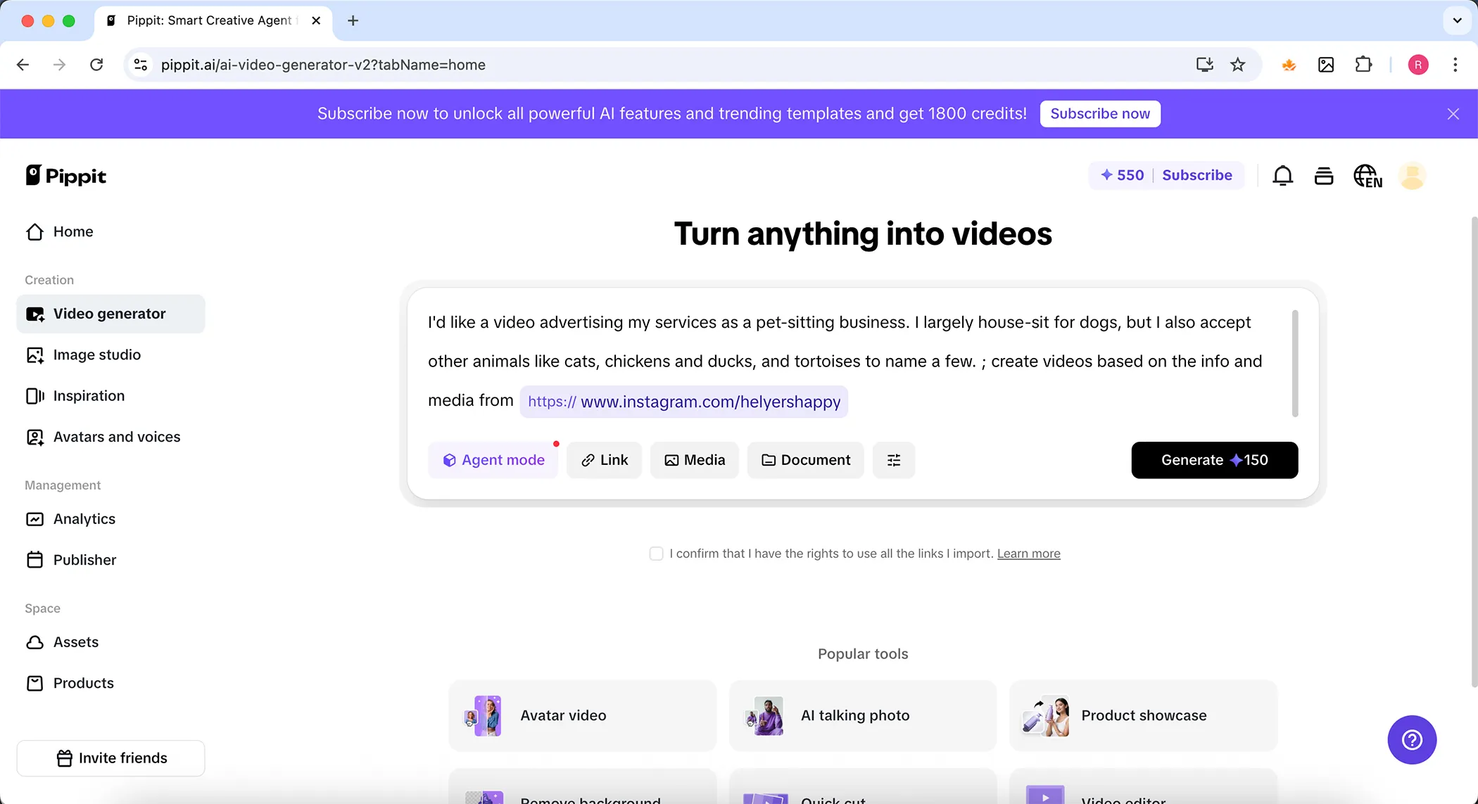 Pippit AI Generowanie wideo Tekst podpowiedzi 